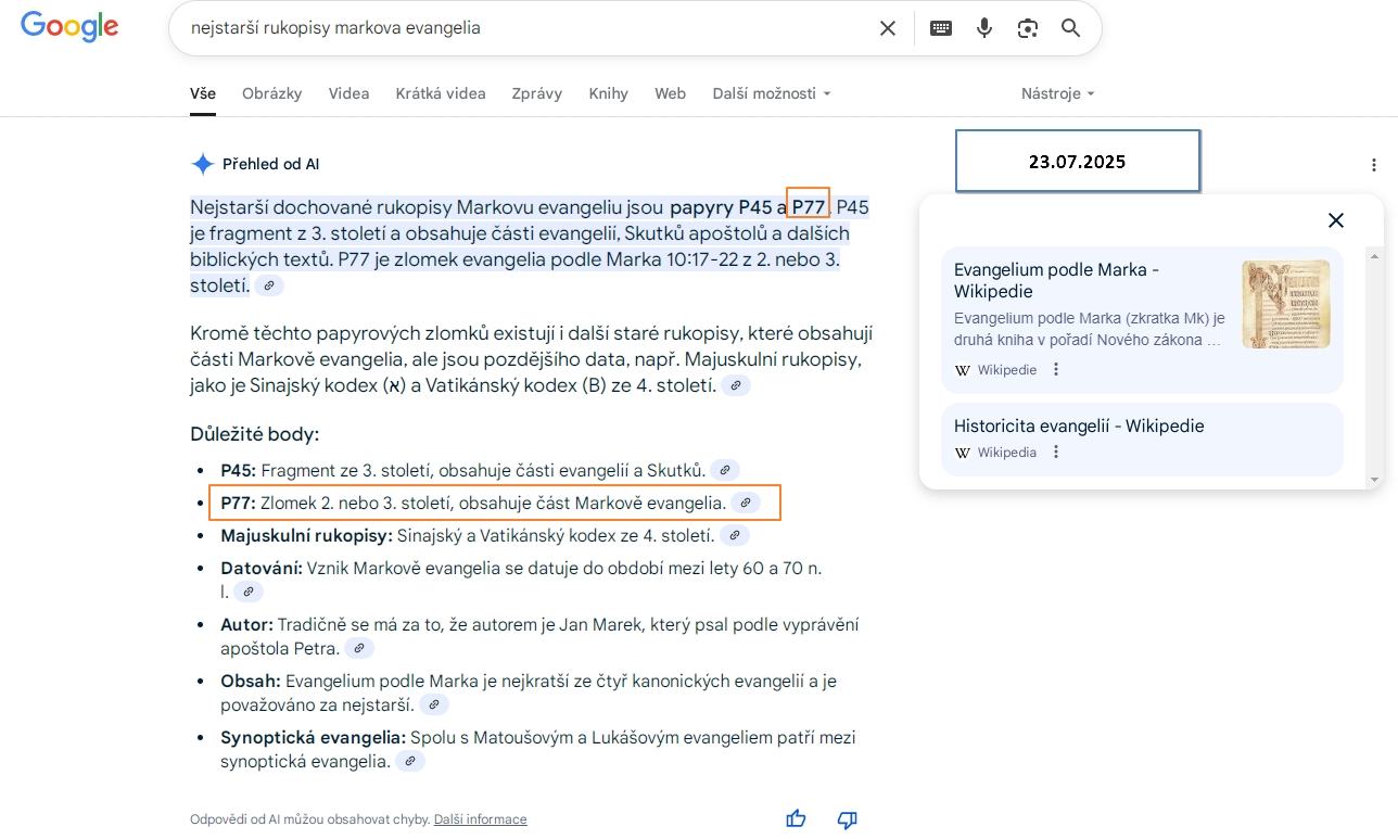 AI dotaz nejstarší rukopis Markova evangelia 23. 7. 2025