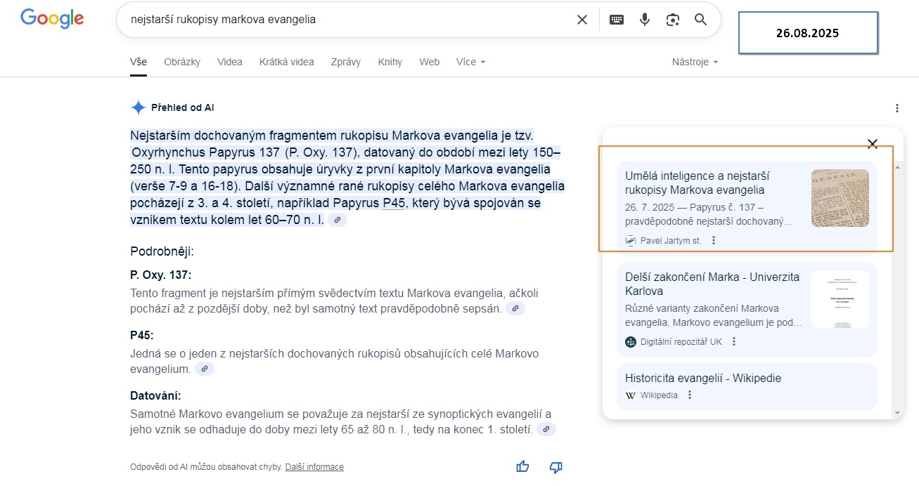 Nejstarší rukopis Markova evangelia - 26. 08. 2025