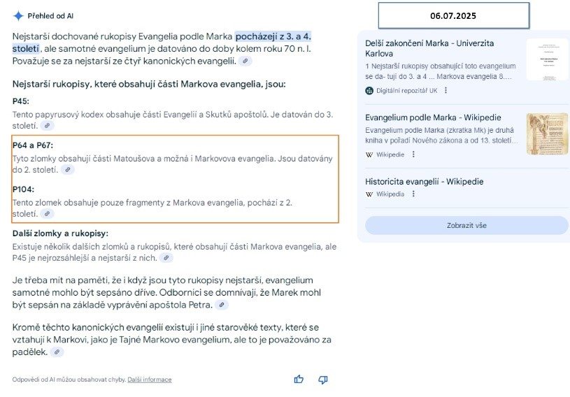 Přehled od AI na dotaz nejstarší rukopisy Markova evangelia 6. 7. 2025